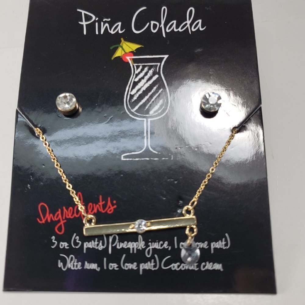 Women's Piña Colada Bead Charm Bar Necklace With matching Crystal Stud Earrings